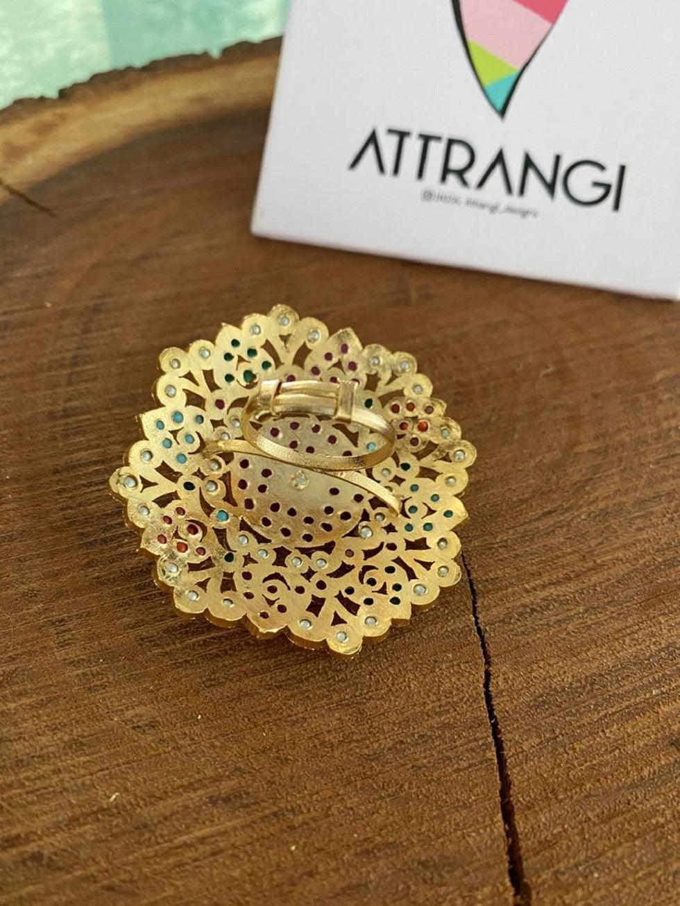 Oversized Navratna Jadaau Ring - Attrangi