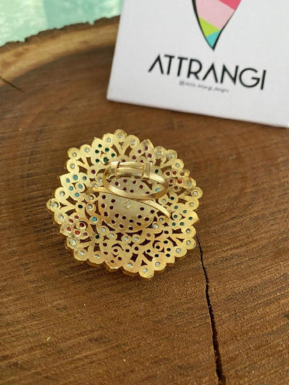 Oversized Navratna Jadaau Ring - Attrangi