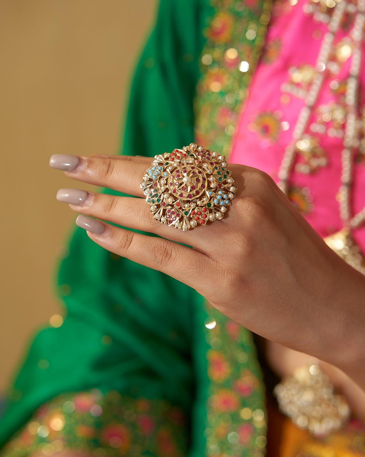 Oversized Navratna Jadaau Ring - Attrangi
