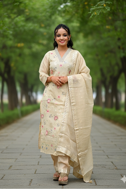 Cream Banarasi Tissue Kurti For Women & Girls