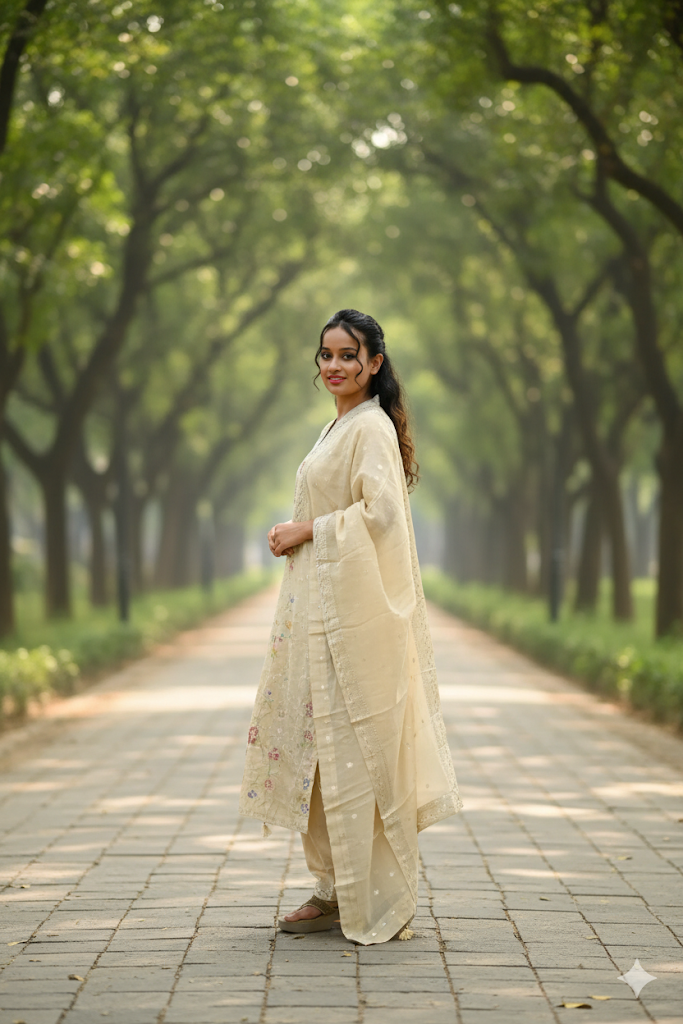 Cream Banarasi Tissue Kurti For Women & Girls