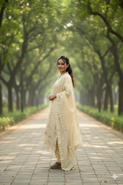 Cream Banarasi Tissue Kurti For Women & Girls