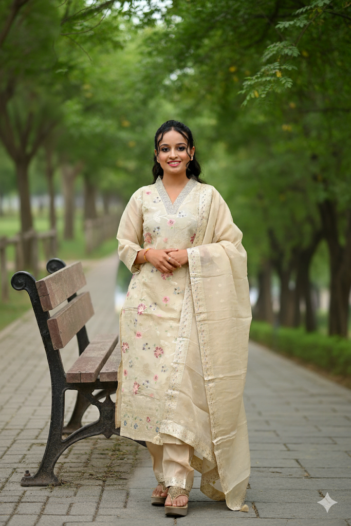 Cream Banarasi Tissue Kurti For Women & Girls