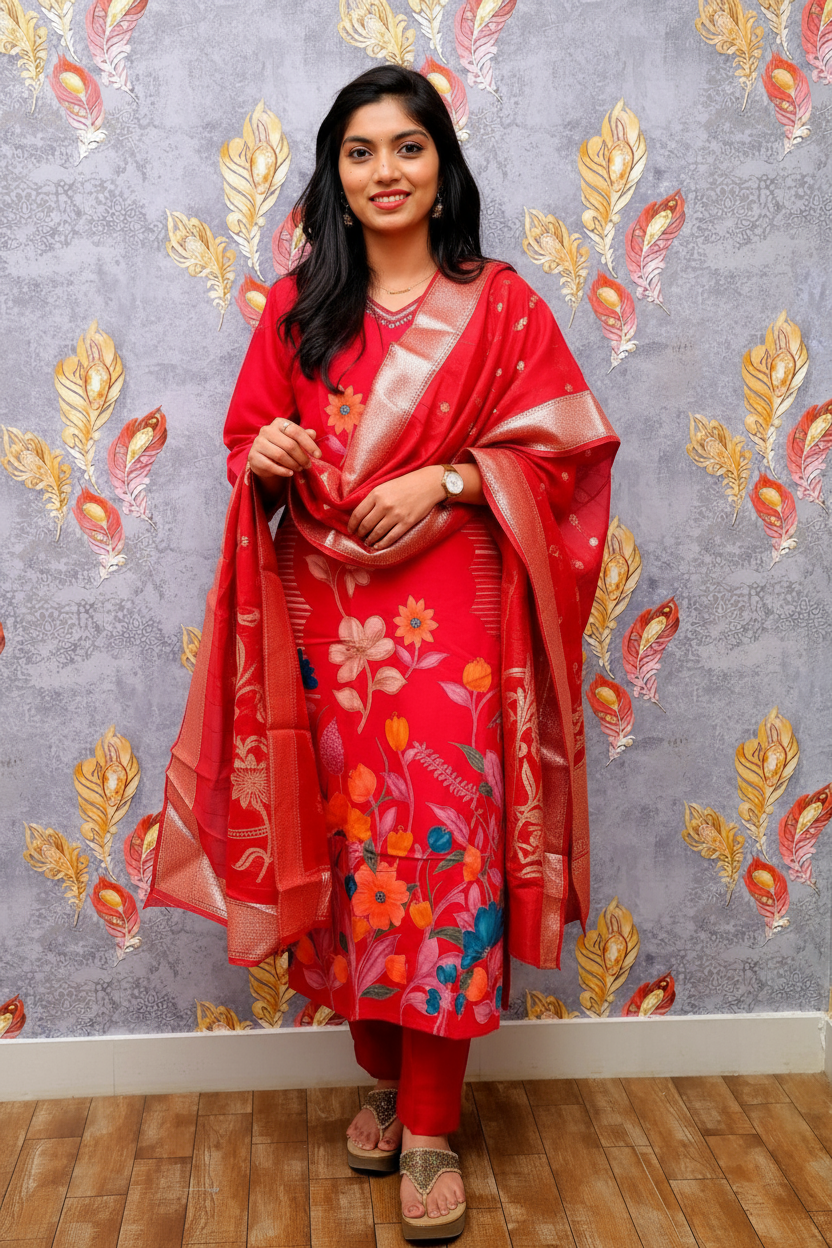 Red Kurti With Multicolor Floral Design For Women & Girls