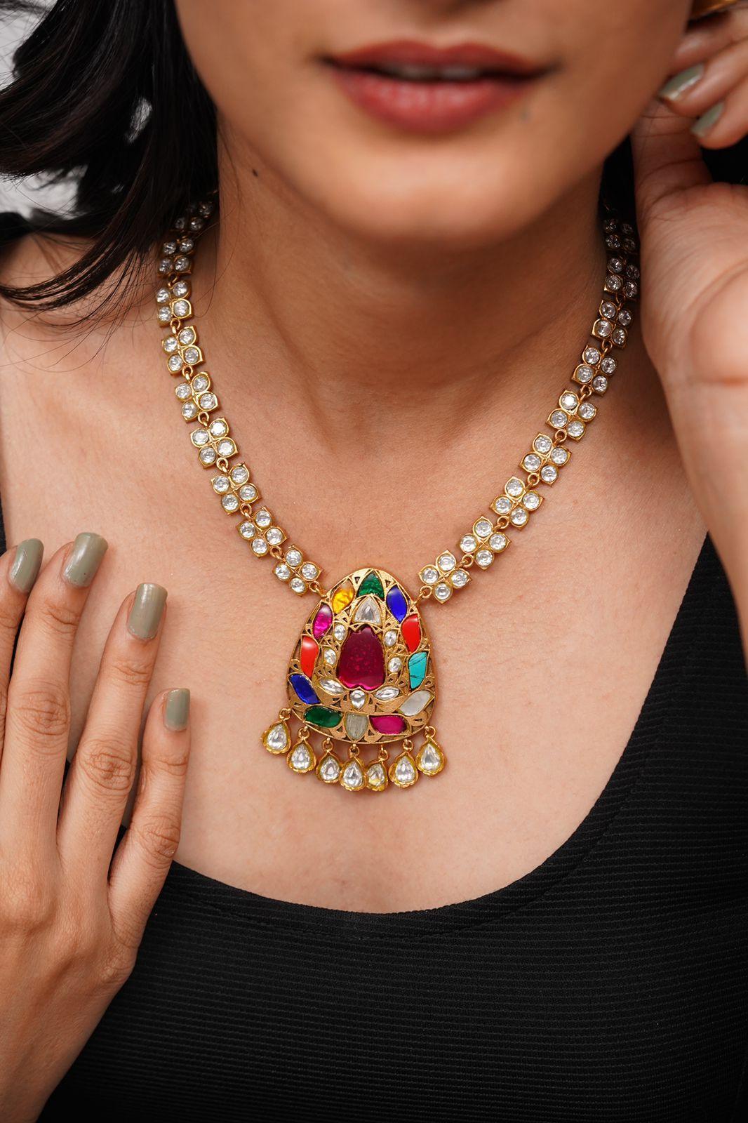 Pavani Navratna Pendant Polki Necklace Set - Attrangi
