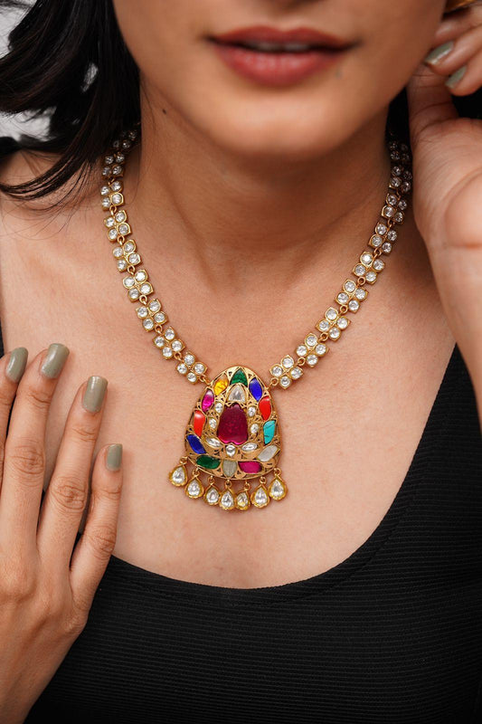 Pavani Navratna Pendant Polki Necklace Set - Attrangi