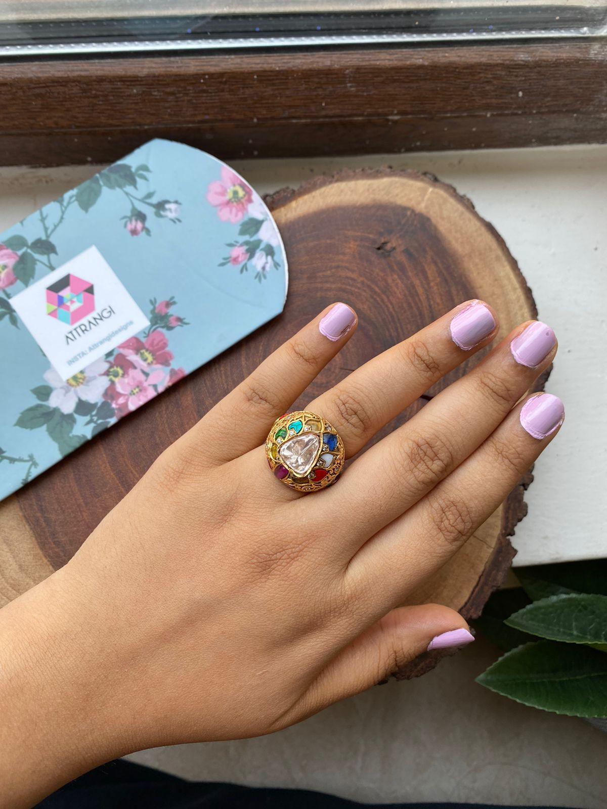 Pavani Polki Moissanite Navratna Indian Ring - Attrangi