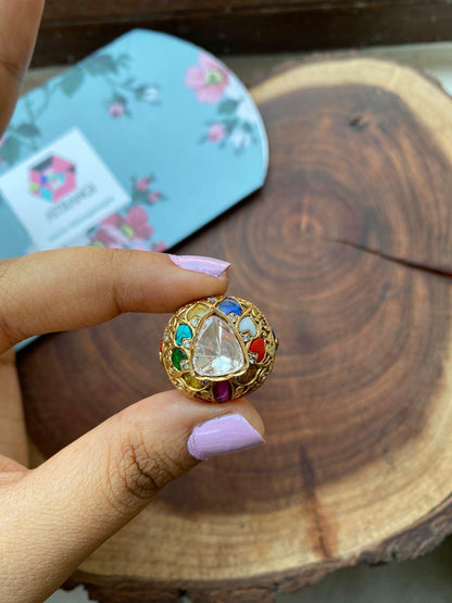 Pavani Polki Moissanite Navratna Indian Ring - Attrangi