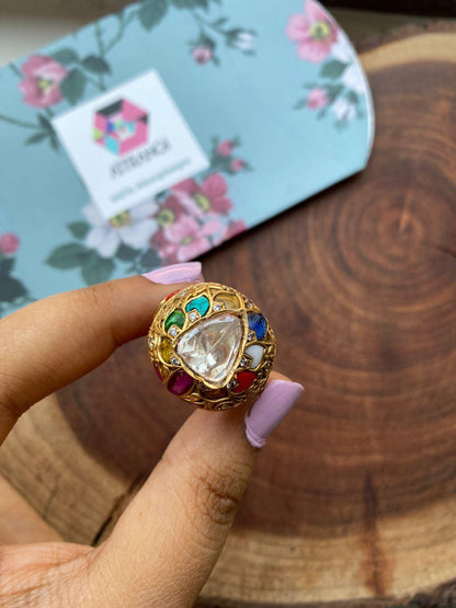 Pavani Polki Moissanite Navratna Indian Ring - Attrangi