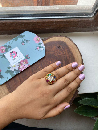 Pavani Polki Moissanite Navratna Indian Ring - Attrangi