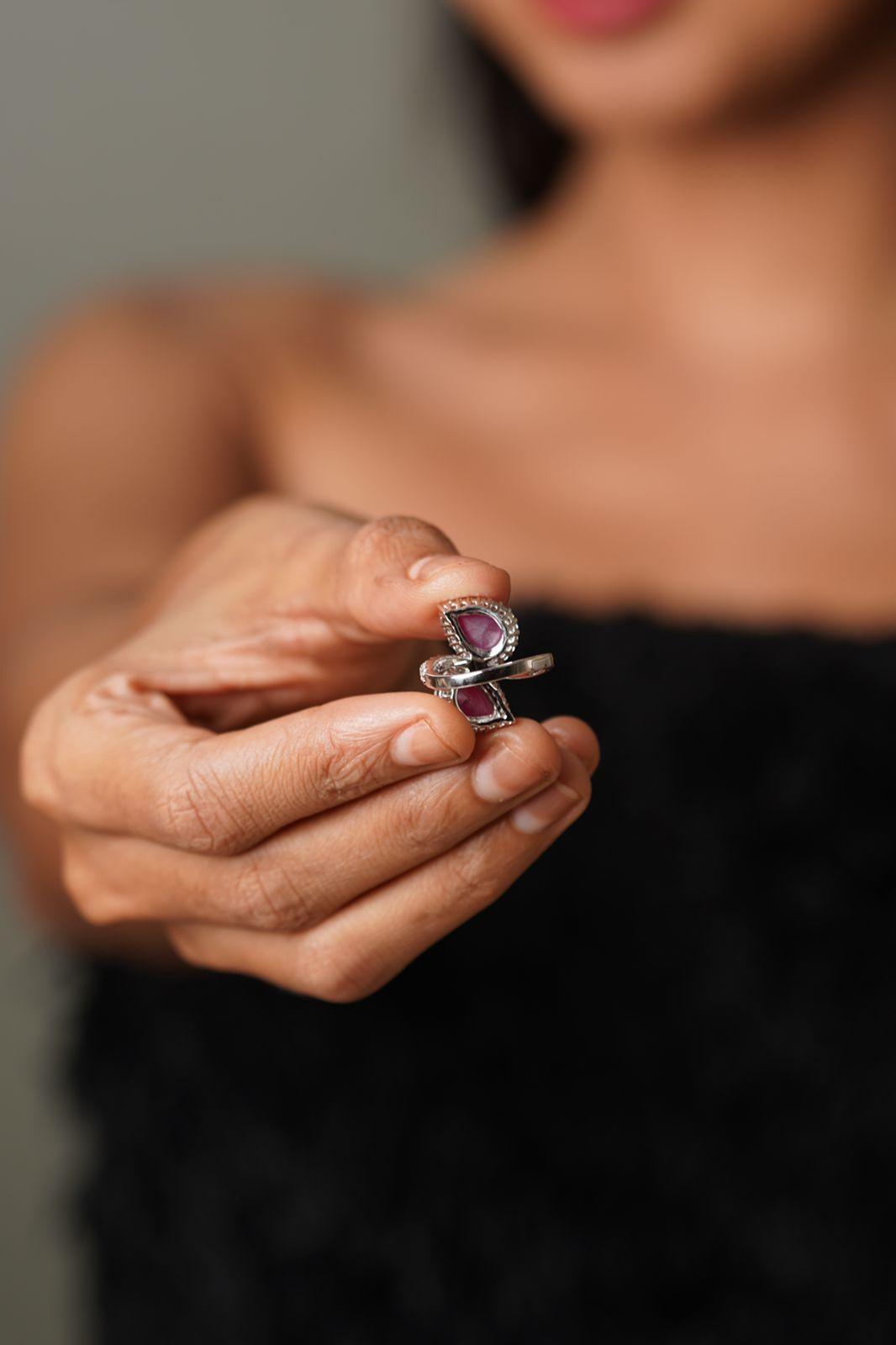 Pear Duo Coloured Stone Cocktail Diamond Ring - Attrangi