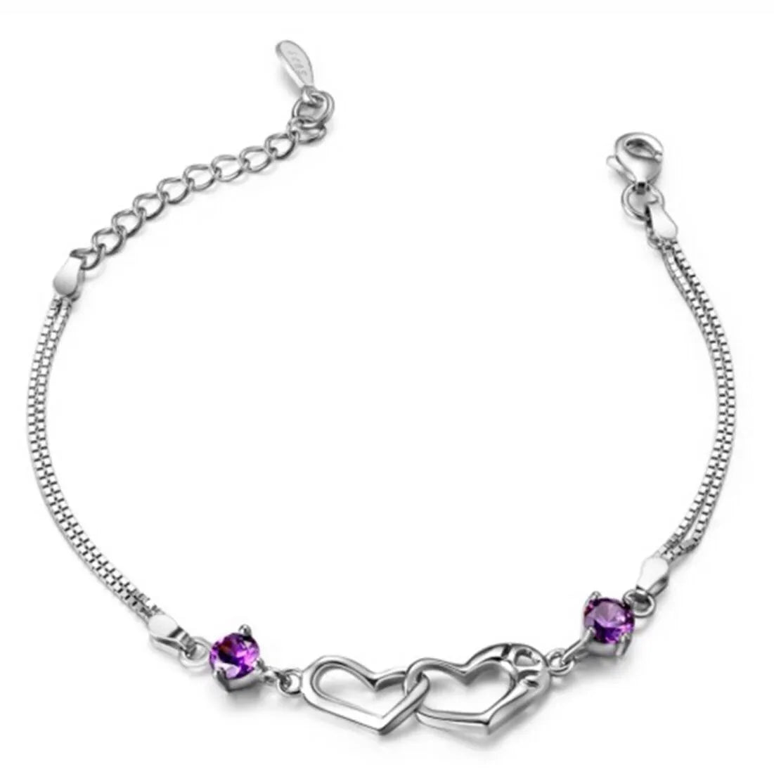 Double Heart Purple CZ Charm Bracelet