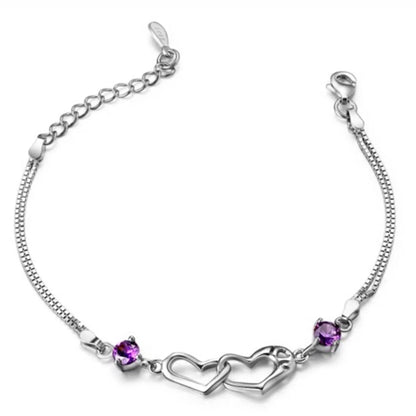Double Heart Purple CZ Charm Bracelet