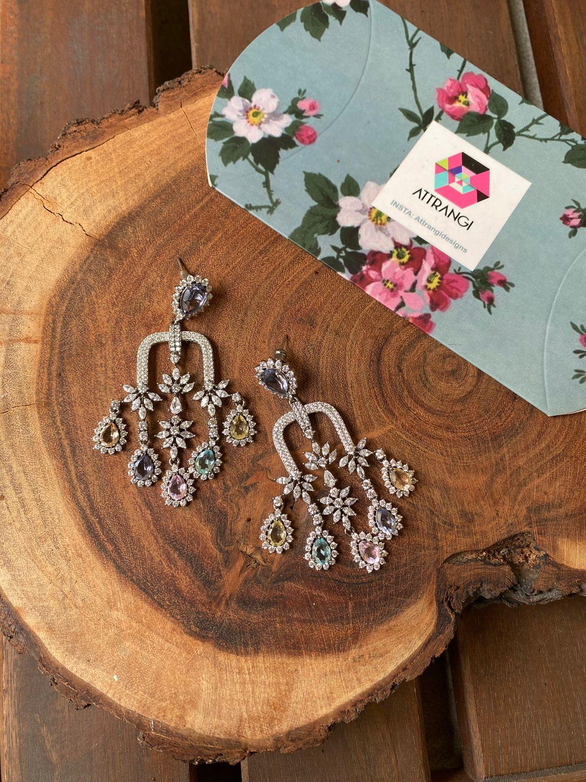 Rainbow Paradise Long Multi Coloured Diamond Earrings In Victorian Polish | Rangnasheen Collection - Attrangi