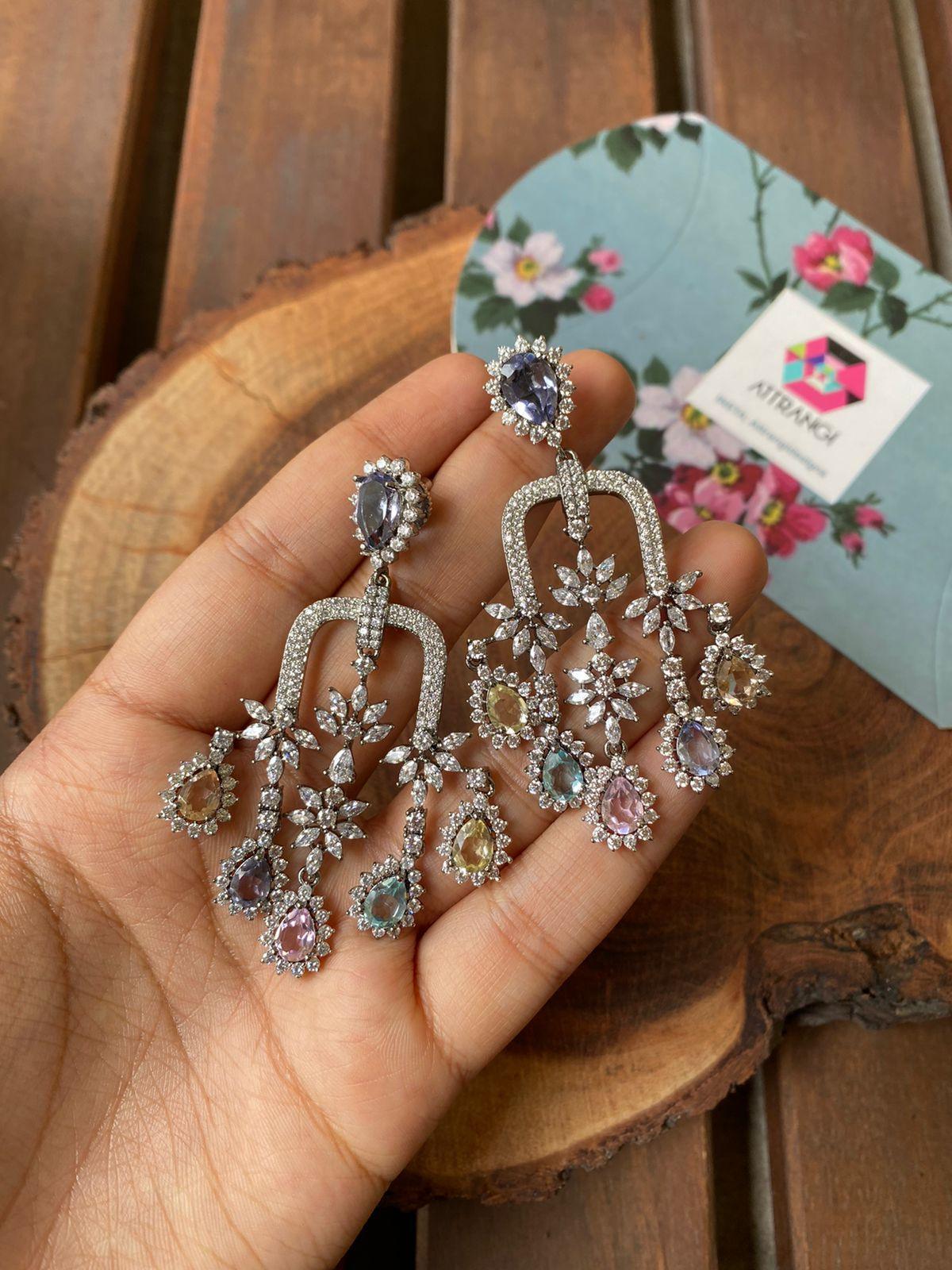 Rainbow Paradise Long Multi Coloured Diamond Earrings In Victorian Polish | Rangnasheen Collection - Attrangi