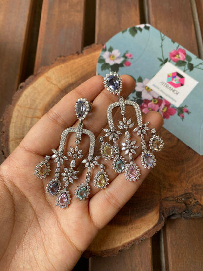 Rainbow Paradise Long Multi Coloured Diamond Earrings In Victorian Polish | Rangnasheen Collection - Attrangi