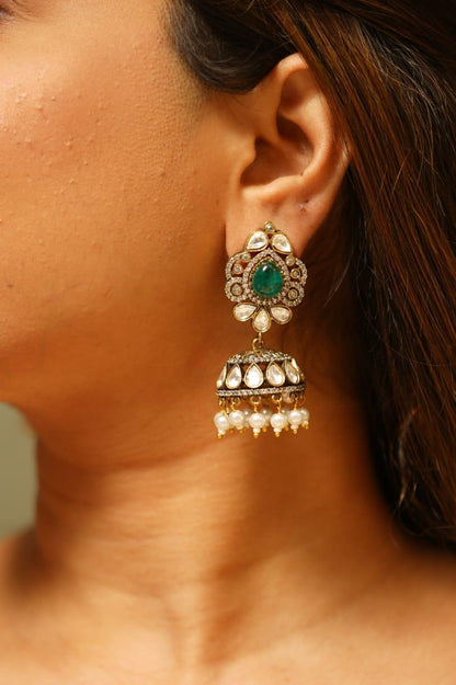 Renuka Uncut Diamond Indian Jhumkis | Antique Gold Polish - Attrangi