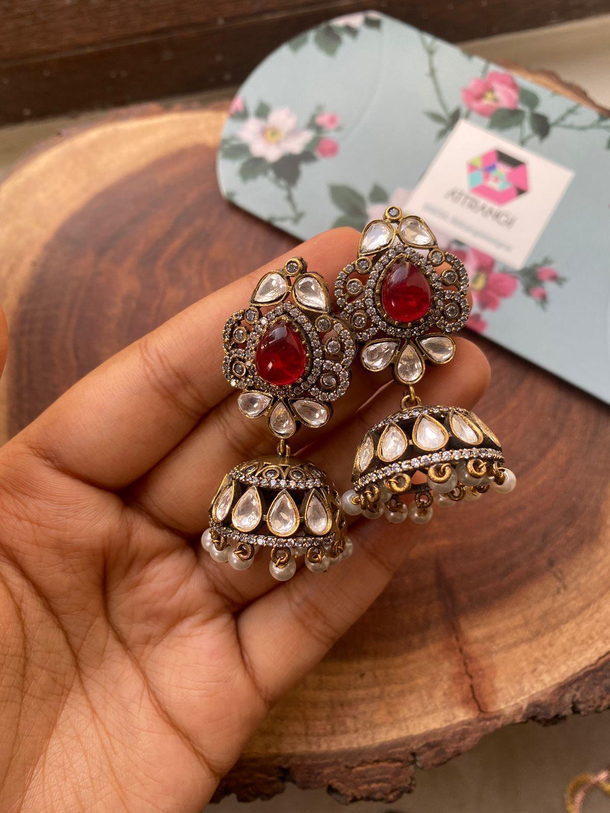 Renuka Uncut Diamond Indian Jhumkis | Antique Gold Polish - Attrangi