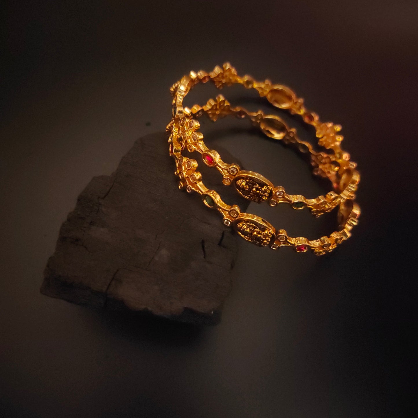 Nagas CZ Stone Bangles with Lakshmi Motif - Antique Gold Finish