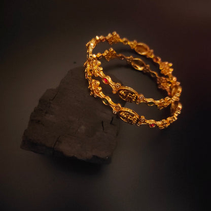 Nagas CZ Stone Bangles with Lakshmi Motif - Antique Gold Finish