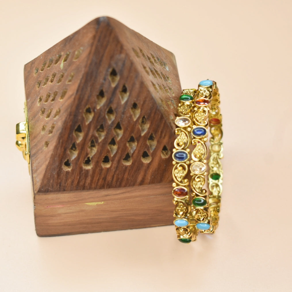 Antique Navratna Bangles Set - 24K Gold Plated Temple Jewelry