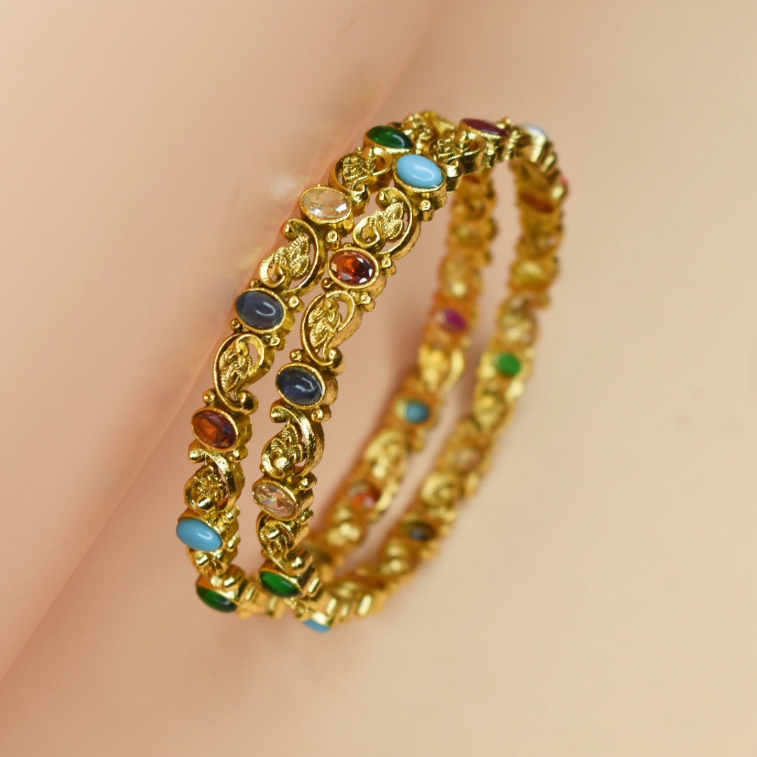 Antique Navratna Bangles Set - 24K Gold Plated Temple Jewelry