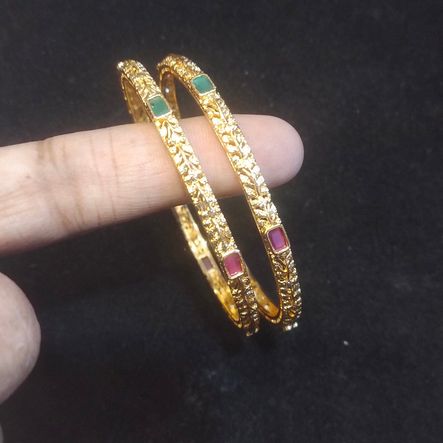 Gold Temple Bangles with Emerald & Ruby Stones