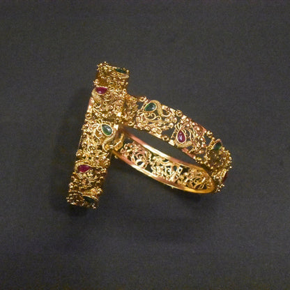 Antique Peacock Kemp Bangles Set - Traditional Temple Jewelry