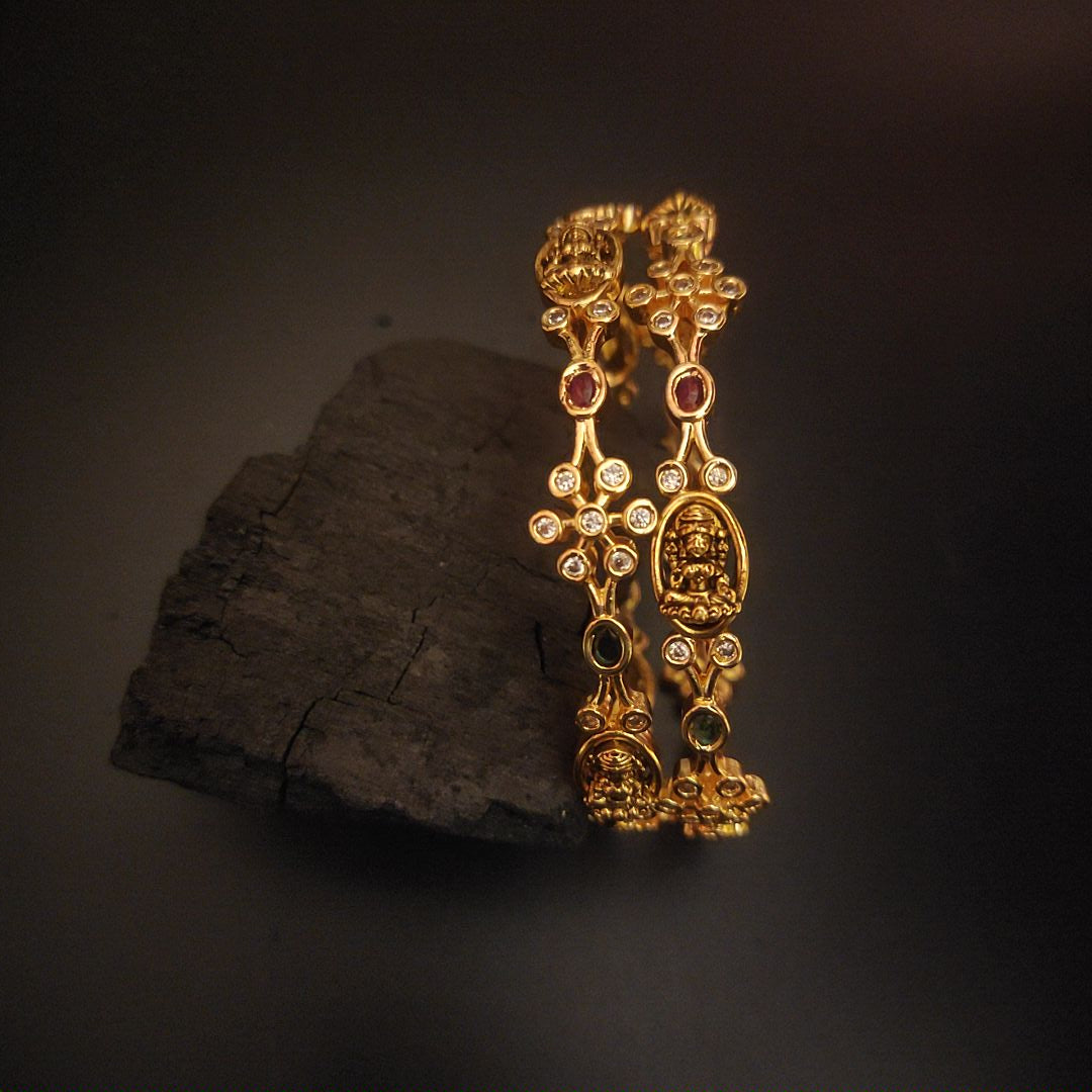 Nagas CZ Stone Bangles with Lakshmi Motif - Antique Gold Finish