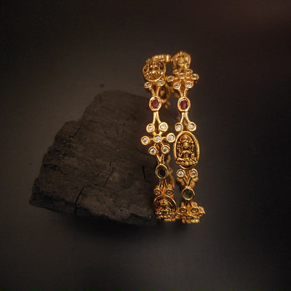 Nagas CZ Stone Bangles with Lakshmi Motif - Antique Gold Finish
