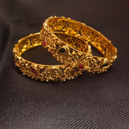 Antique Peacock Kemp Bangles Set - Traditional Temple Jewelry