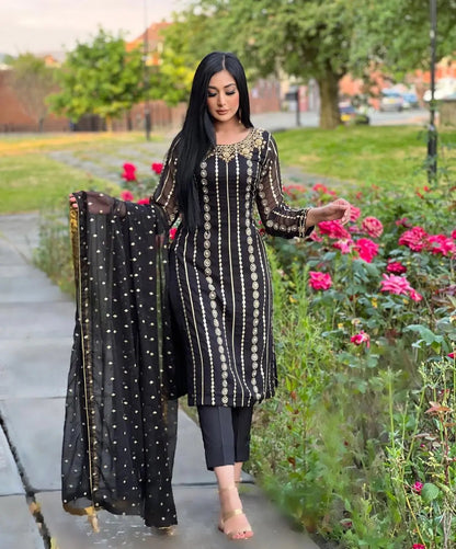 Faux Georgette Sequence Moti work Kurti Pant Dupatta Set - Premium  from Ethenika.com - Just INR 2590! Shop now at Ethenika.com 