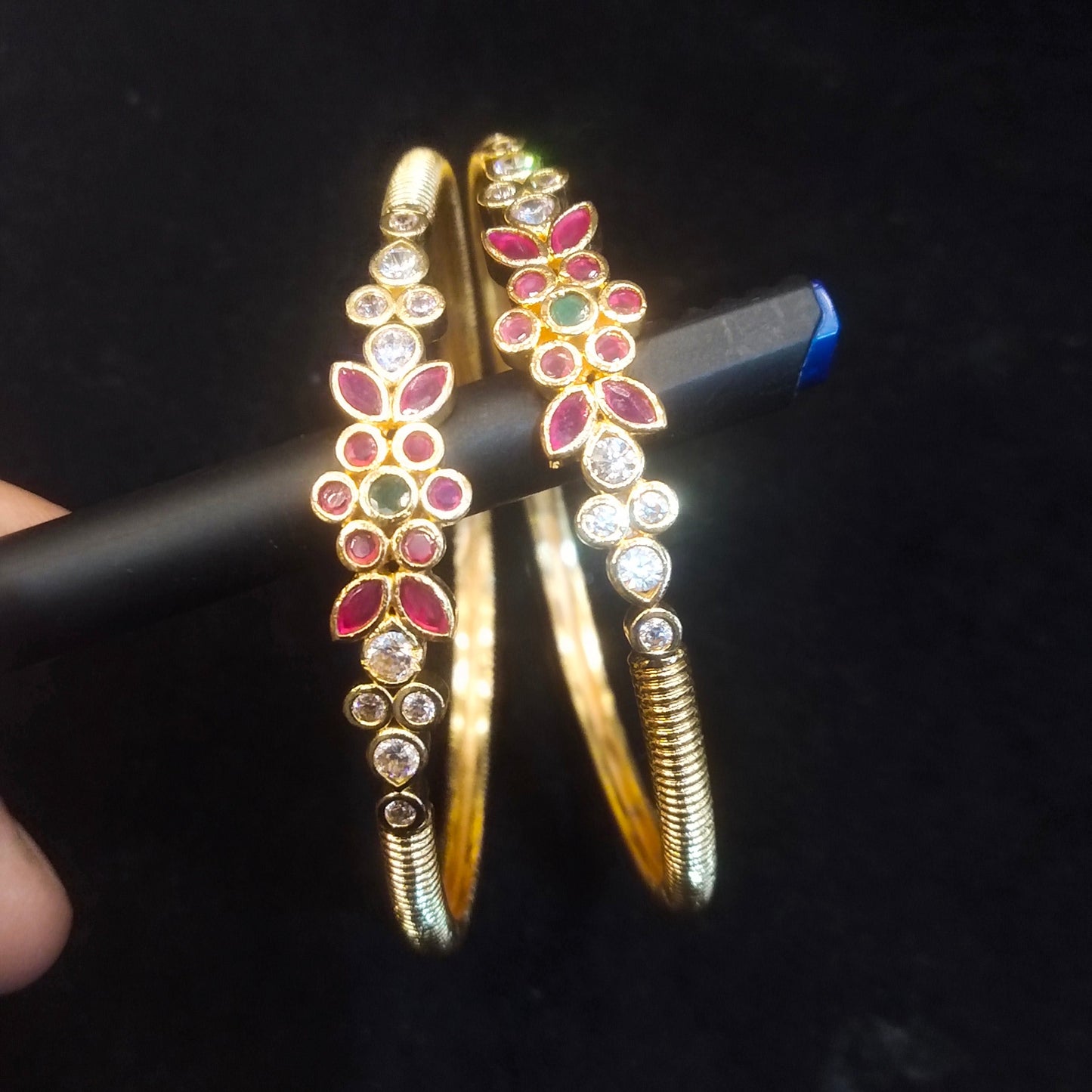Temple Jewelry Floral Ruby Emerald Diamond Bangles