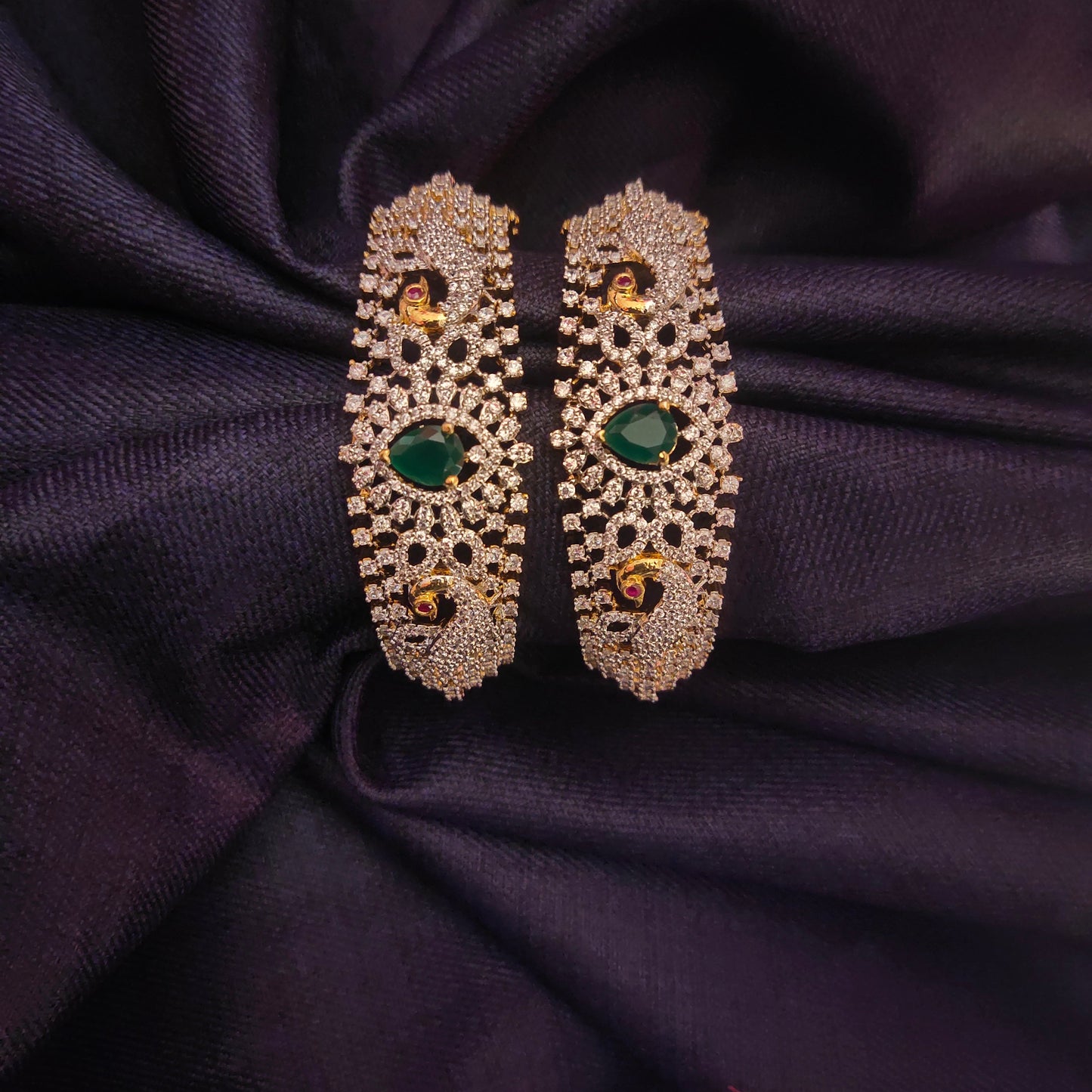 Zircon Emerald Bangles - Rhodium Gold Plated Openable Bangles Set