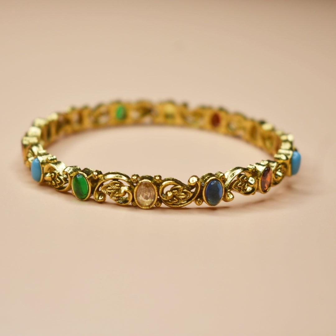 Antique Navratna Bangles Set - 24K Gold Plated Temple Jewelry