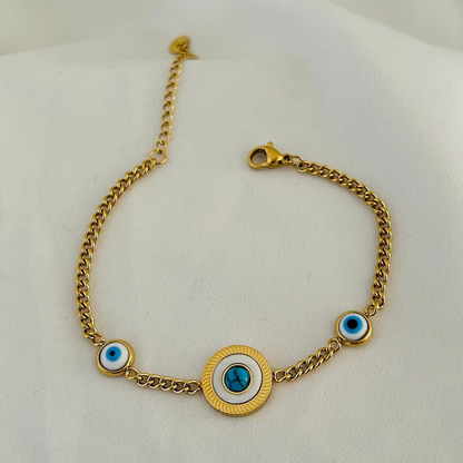 Gold bracelet with central evil eye design