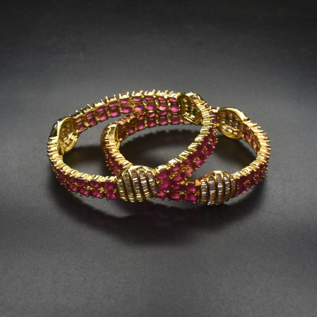 Gold Plated Pink CZ Stone Bangles Set - Glamorous Wedding Jewelry