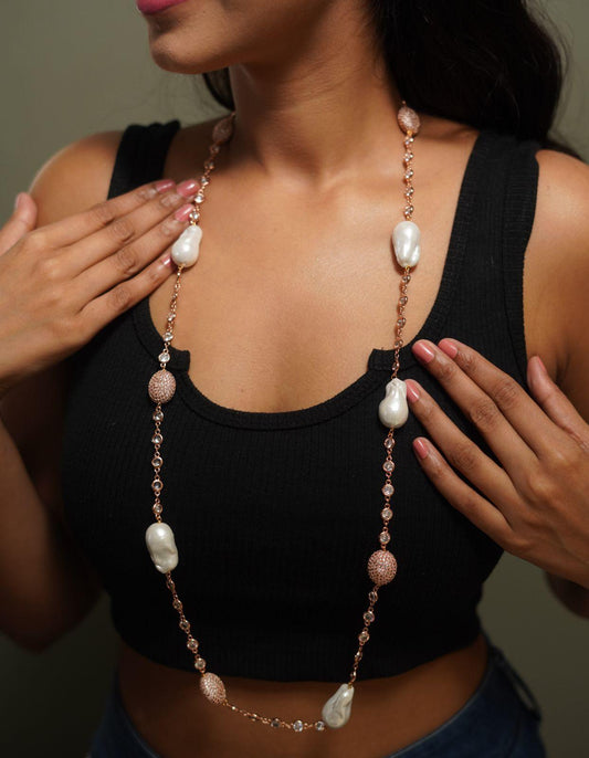 Rose Gold Diamond & Baroque Pearl Long Mala - Attrangi