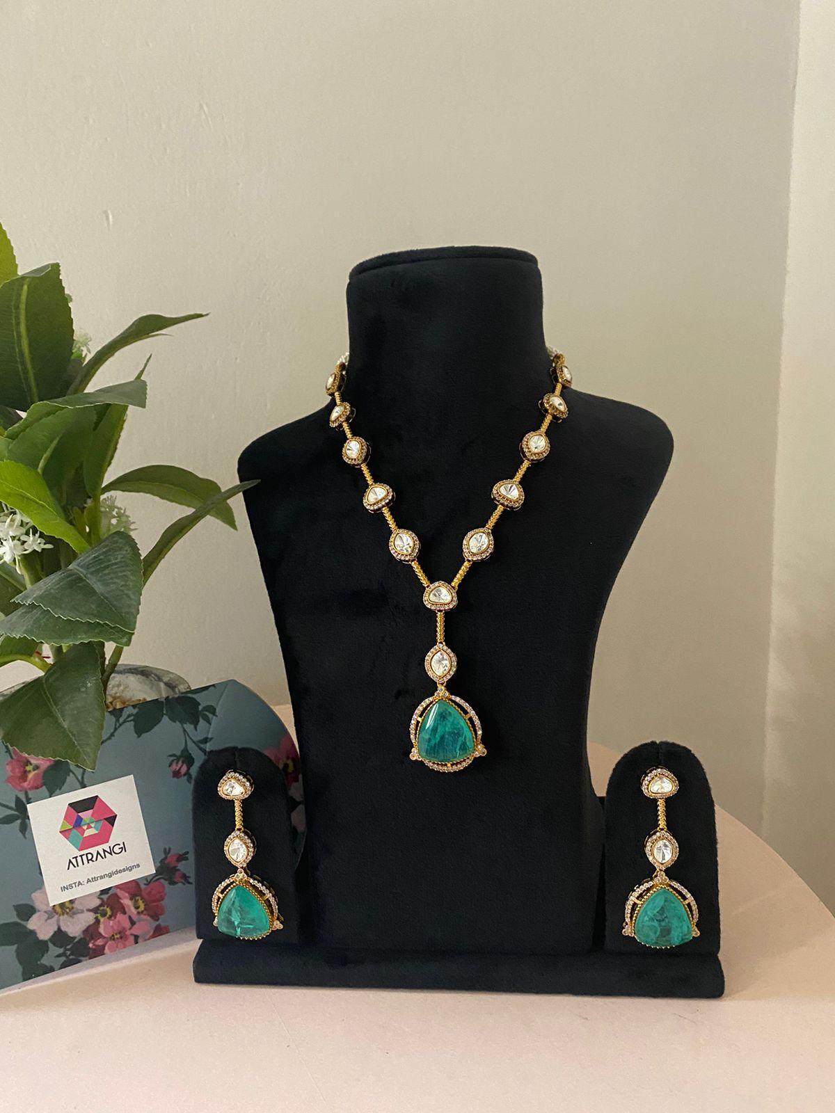 Samudra Fluorite And Polki Necklace Set - Attrangi