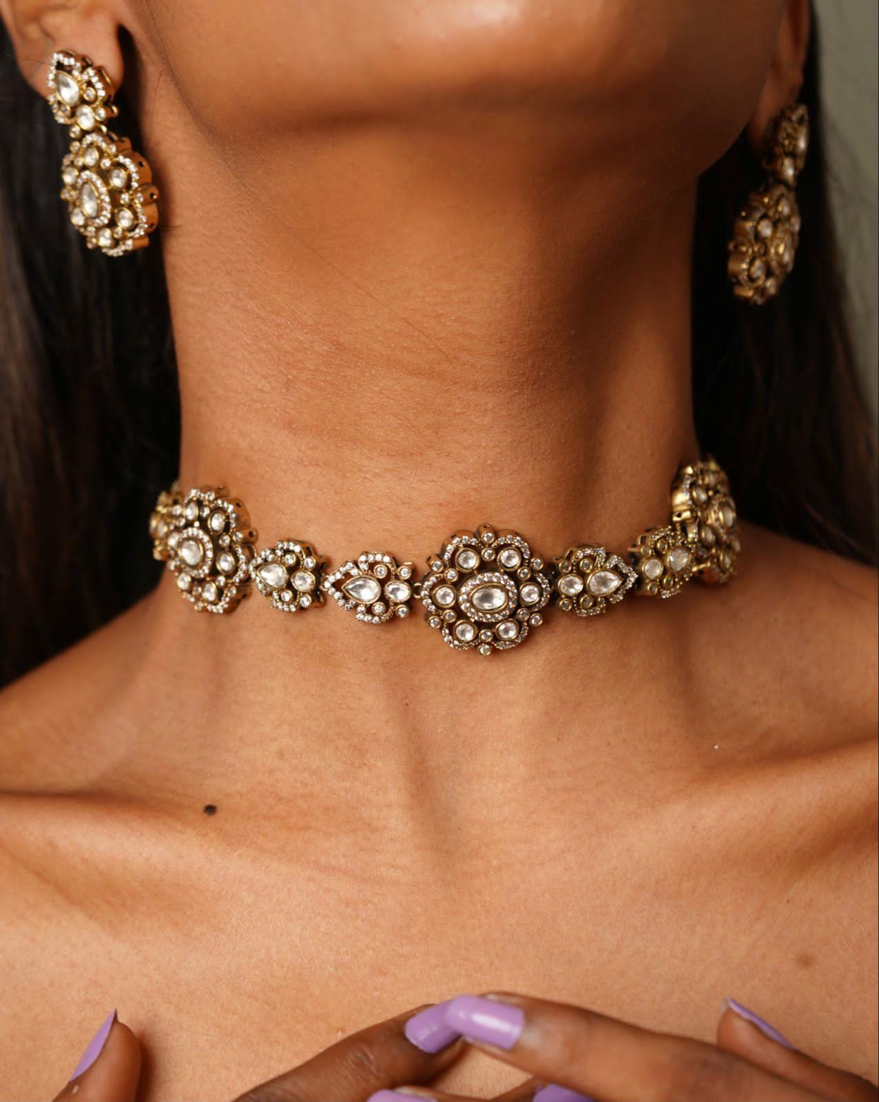 Sasha Basic Victorian Polki Choker / Necklace Set - Attrangi