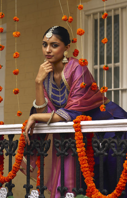 Violet Silk Embroidered Top Sharara Set with Dupatta