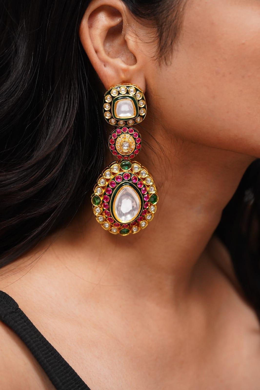 Shreya Uncut Diamond Long Earrings | Potta Rubies and Emeralds - Attrangi