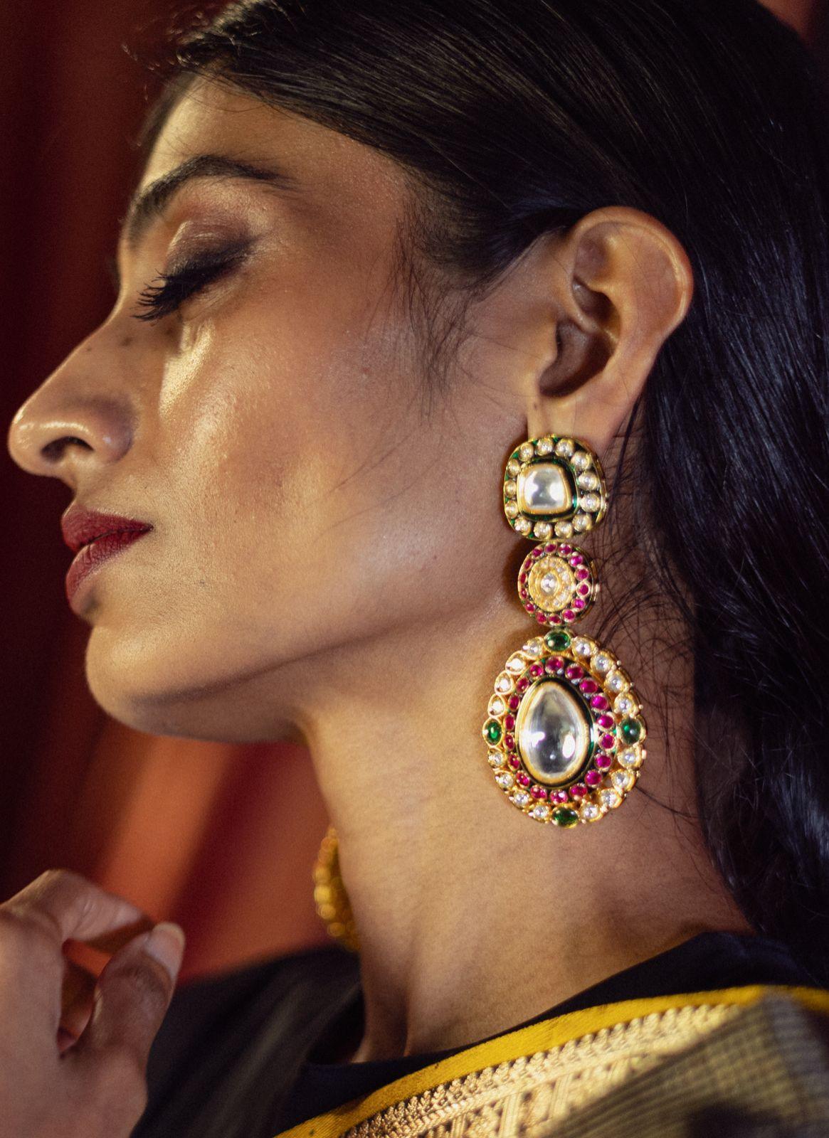 Shreya Uncut Diamond Long Earrings | Potta Rubies and Emeralds - Attrangi