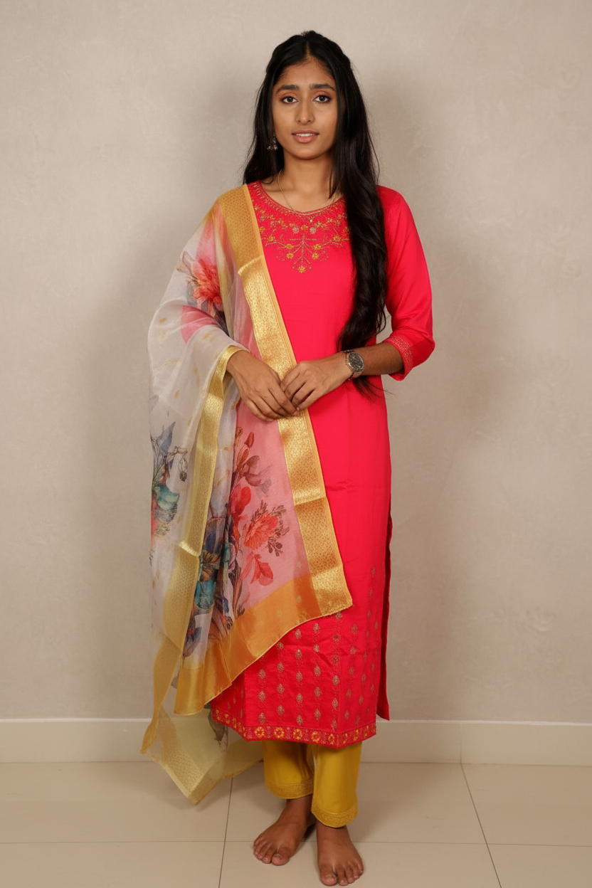Vibrant Pink Salwar Suit With Floral Dupatta For Women & Girls