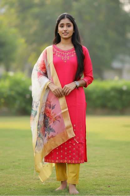Vibrant Pink Salwar Suit With Floral Dupatta For Women & Girls