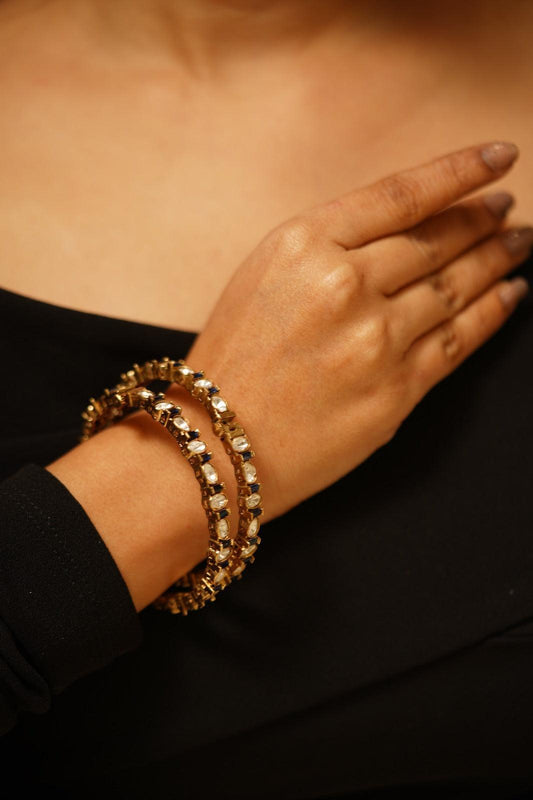 Slim Coloured Moissanite Polki Bangle Set | Antique Gold- Blue
