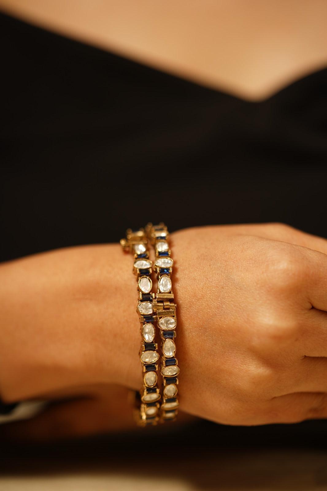 Slim Coloured Moissanite Polki Bangle Set | Antique Gold- Blue