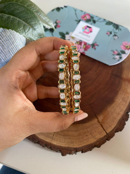 Slim Coloured Moissanite Polki Bangle Set | Antique Gold - Attrangi
