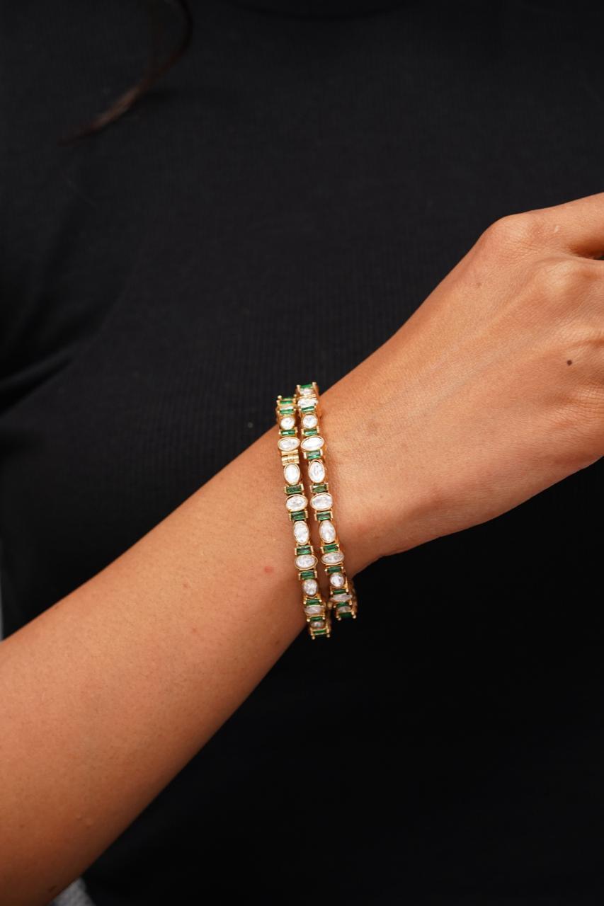 Slim Coloured Moissanite Polki Bangle Set | Antique Gold - Attrangi
