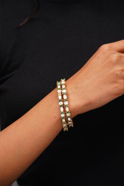 Slim Coloured Moissanite Polki Bangle Set | Antique Gold - Attrangi